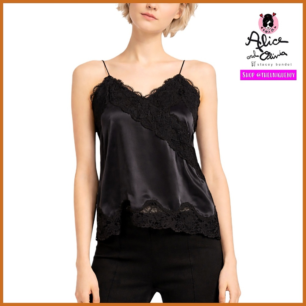 Alice + Olivia Dorine Silk Lace Trim Black Camisole Tank Top